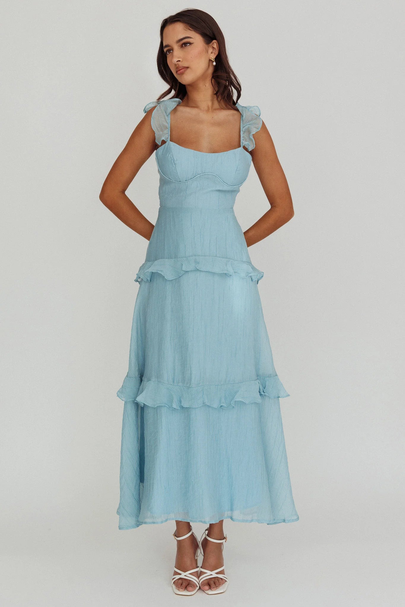 Sky Blue Ruffle Strap Lace-Up Back Tiered Midi Evening Dress