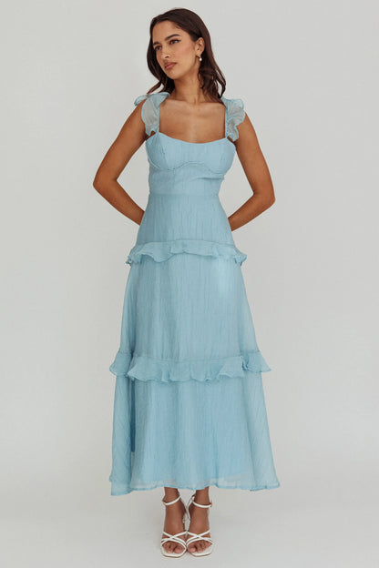 Sky Blue Ruffle Strap Lace-Up Back Tiered Midi Evening Dress