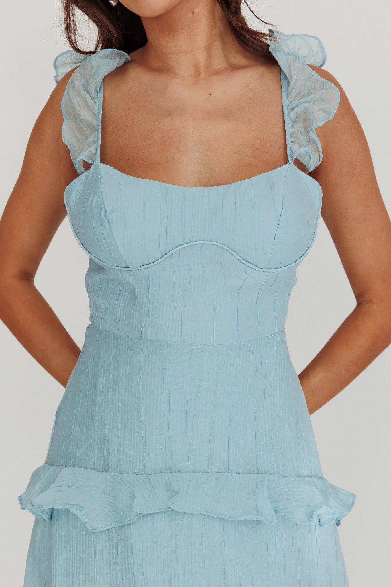 Sky Blue Ruffle Strap Lace-Up Back Tiered Midi Evening Dress