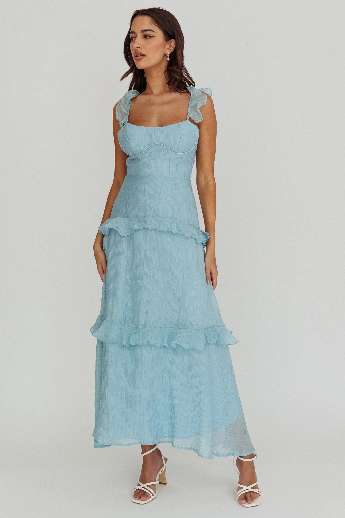 Sky Blue Ruffle Strap Lace-Up Back Tiered Midi Evening Dress