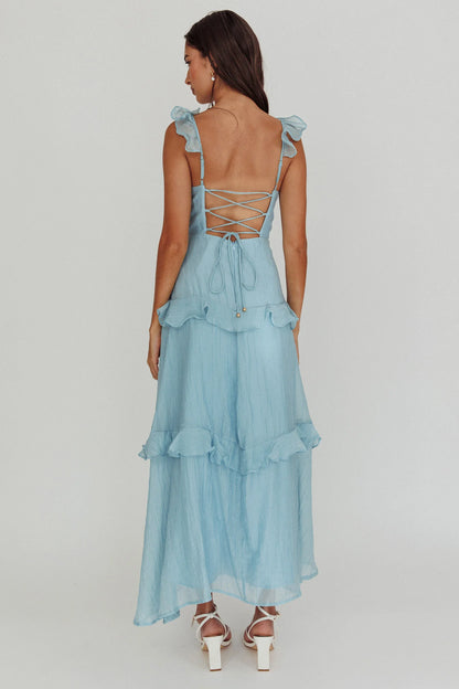 Sky Blue Ruffle Strap Lace-Up Back Tiered Midi Evening Dress
