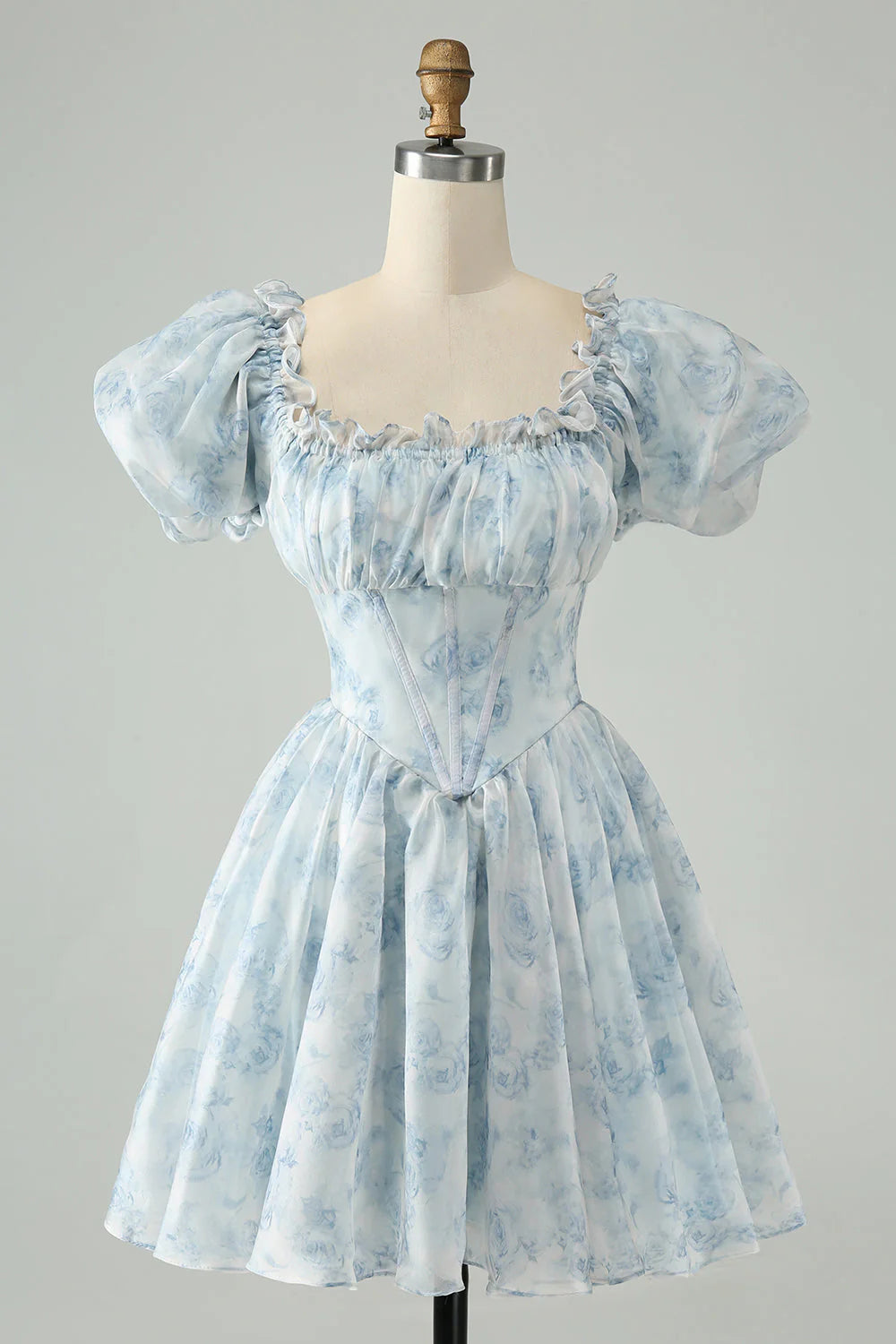 Sky Blue A Line Square Neck Floral Short Homecoming Dress