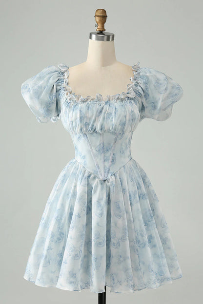 Sky Blue A Line Square Neck Floral Short Homecoming Dress