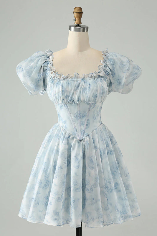 Sky Blue A Line Square Neck Floral Short Homecoming Dress