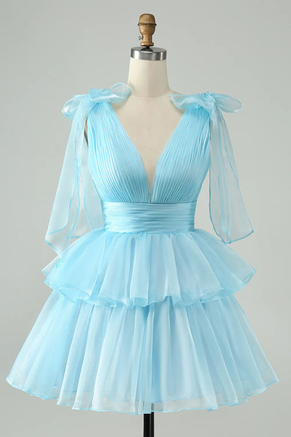 Sky Blue A Line V Neck Backless Pleated Tiered Short Homecoming Dress