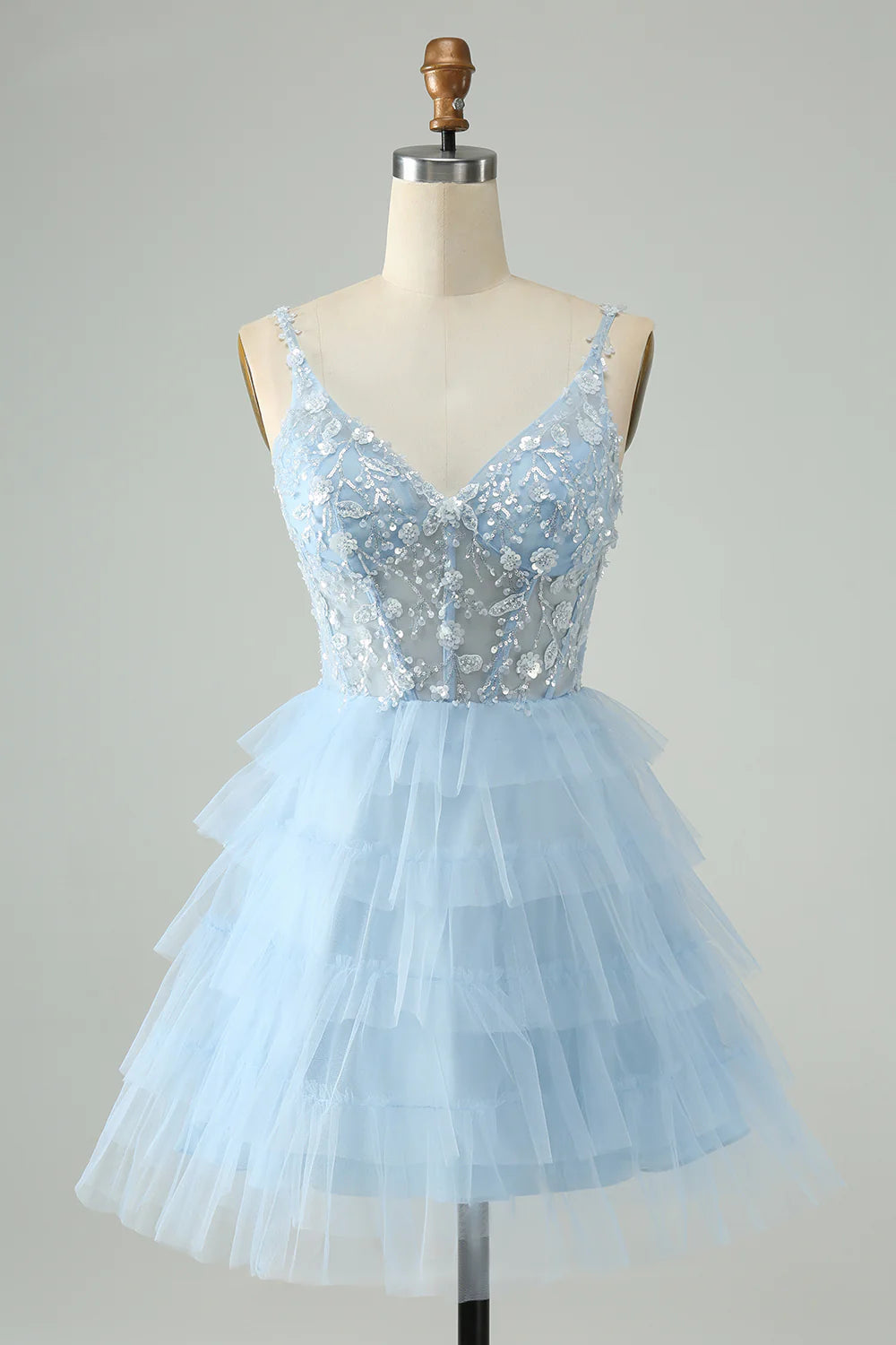 Sky Blue A Line Spaghetti Straps Tiered Short Homecoming Dress