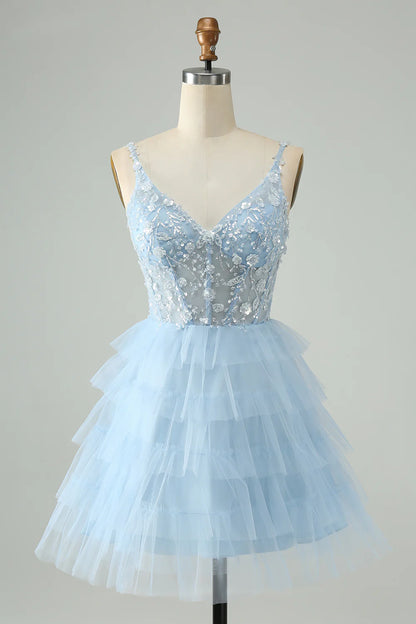 Sky Blue A Line Spaghetti Straps Tiered Short Homecoming Dress