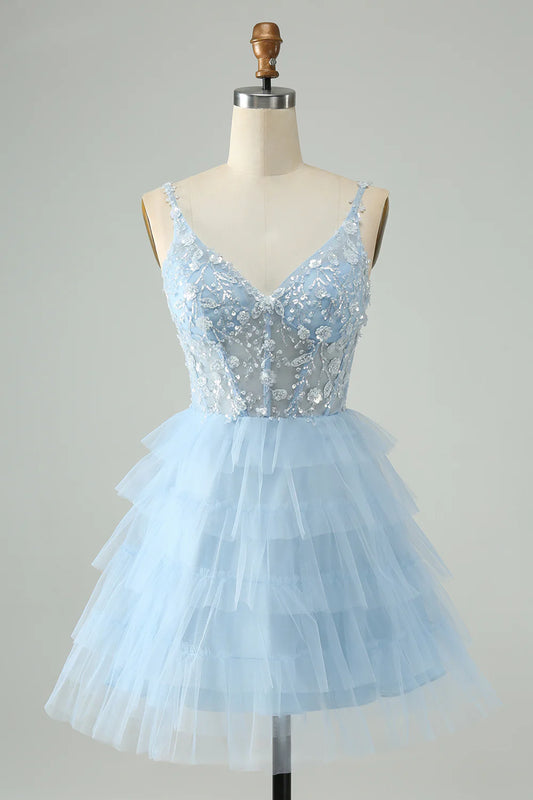 Sky Blue A Line Spaghetti Straps Tiered Short Homecoming Dress
