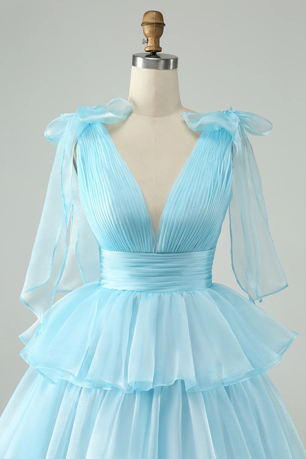 Sky Blue A Line V Neck Backless Pleated Tiered Short Homecoming Dress