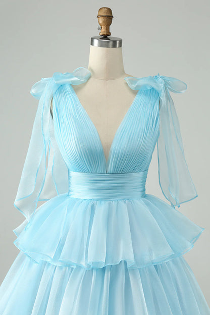 Sky Blue A Line V Neck Backless Pleated Tiered Short Homecoming Dress