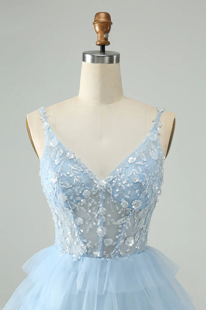 Sky Blue A Line Spaghetti Straps Tiered Short Homecoming Dress
