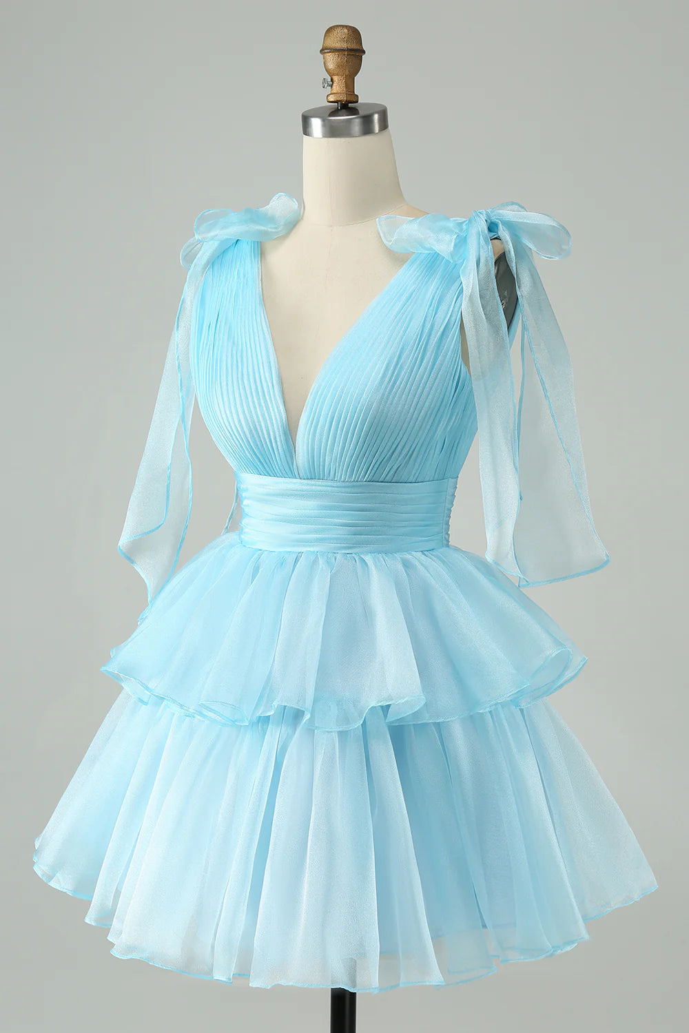 Sky Blue A Line V Neck Backless Pleated Tiered Short Homecoming Dress