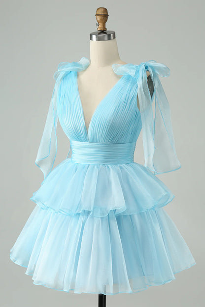 Sky Blue A Line V Neck Backless Pleated Tiered Short Homecoming Dress