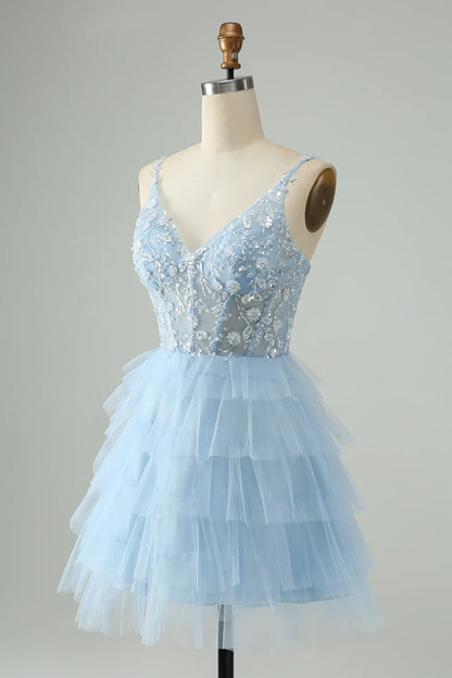 Sky Blue A Line Spaghetti Straps Tiered Short Homecoming Dress