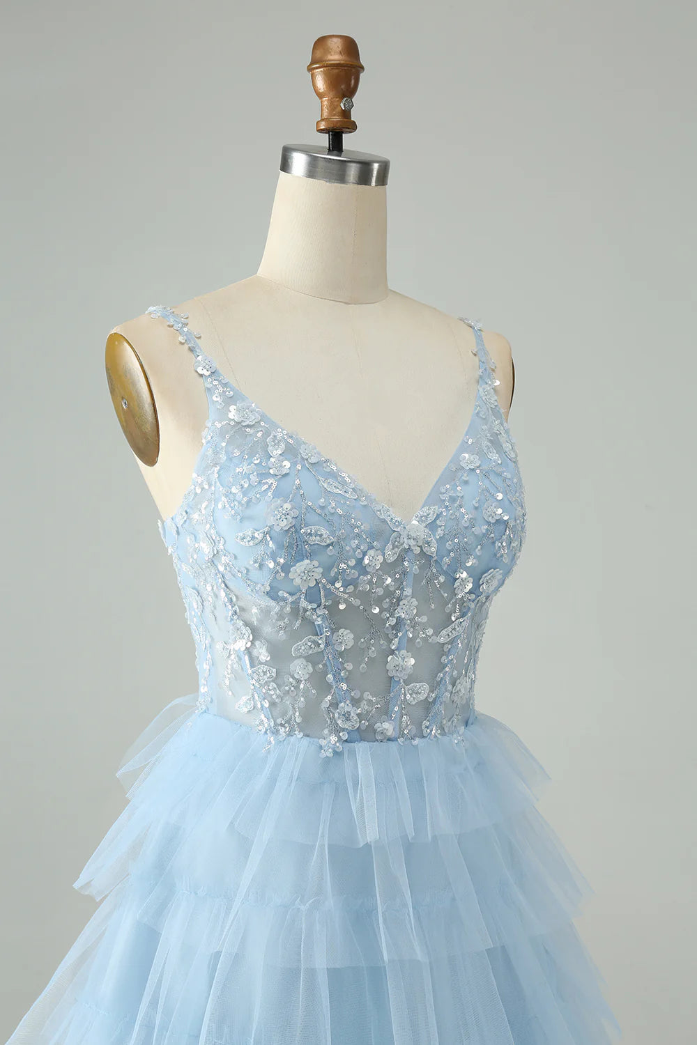 Sky Blue A Line Spaghetti Straps Tiered Short Homecoming Dress