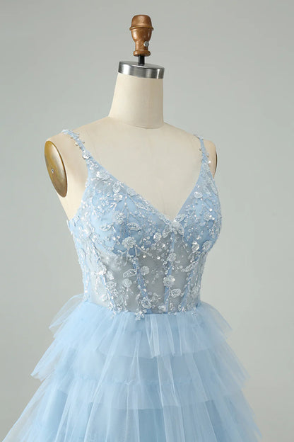 Sky Blue A Line Spaghetti Straps Tiered Short Homecoming Dress