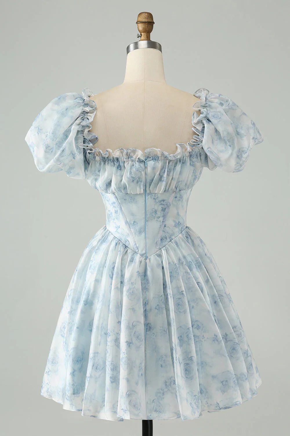 Sky Blue A Line Square Neck Floral Short Homecoming Dress