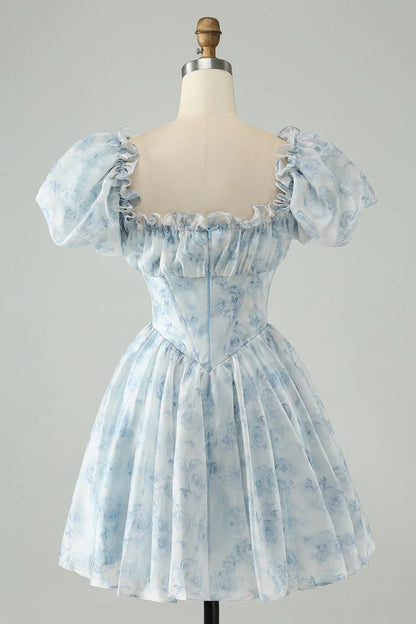 Sky Blue A Line Square Neck Floral Short Homecoming Dress