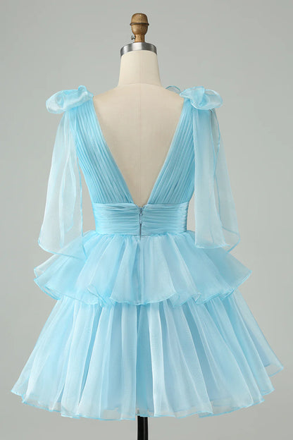 Sky Blue A Line V Neck Backless Pleated Tiered Short Homecoming Dress
