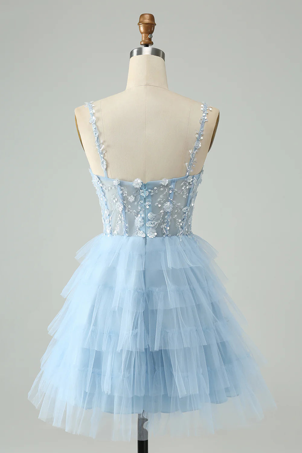 Sky Blue A Line Spaghetti Straps Tiered Short Homecoming Dress