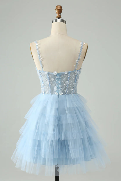 Sky Blue A Line Spaghetti Straps Tiered Short Homecoming Dress