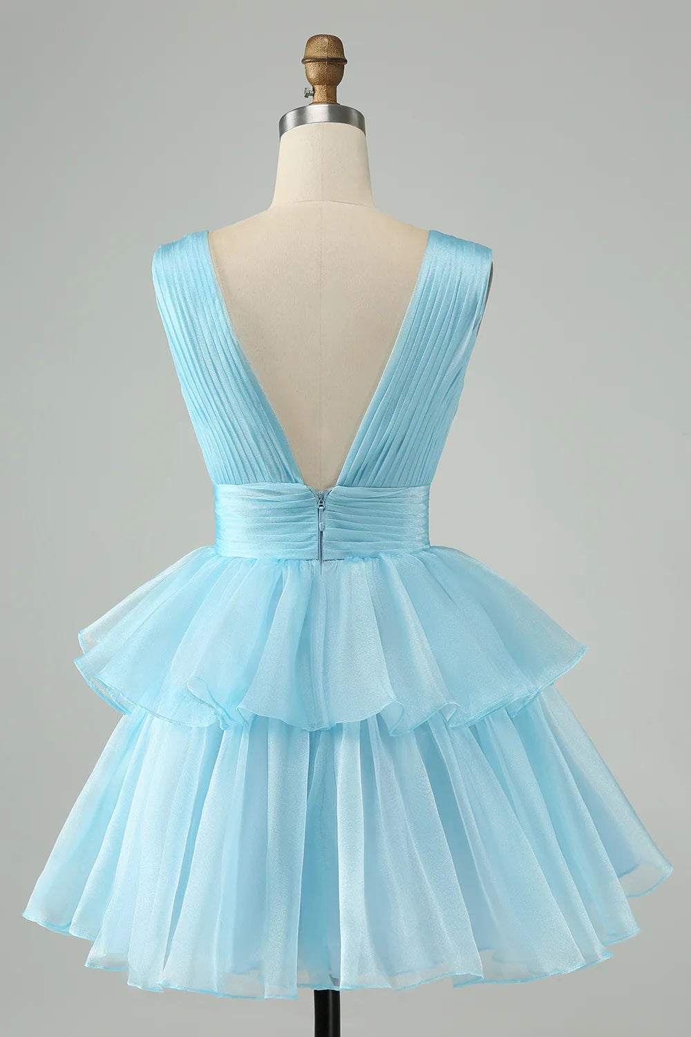 Sky Blue A Line V Neck Backless Pleated Tiered Short Homecoming Dress
