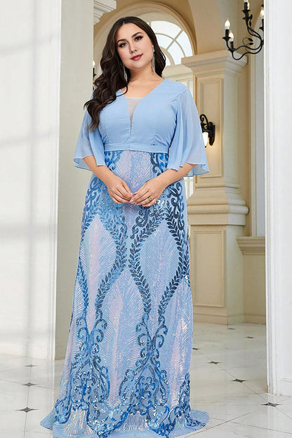 Sparkly Blue Plus Size Floor Length Mother of the Bride Dress With Short Sleeves