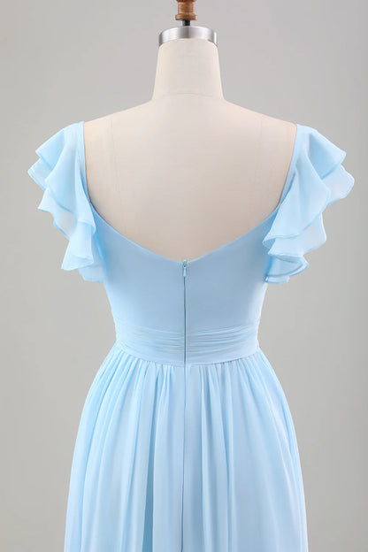 A Line Chiffon Pleated Tea-Length Dress with Ruffle Sleeves