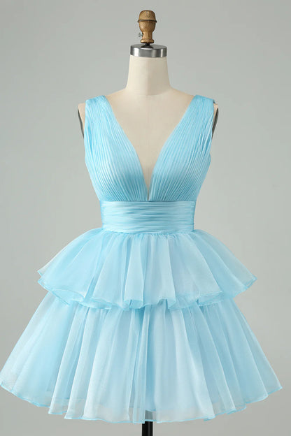 Sky Blue A Line V Neck Backless Pleated Tiered Short Homecoming Dress