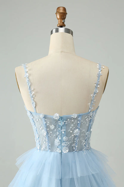 Sky Blue A Line Spaghetti Straps Tiered Short Homecoming Dress