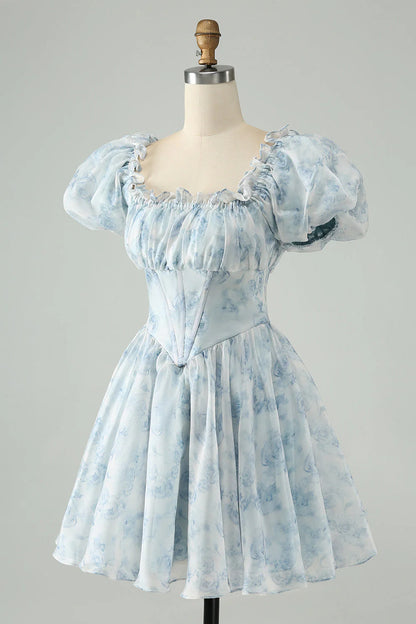 Sky Blue A Line Square Neck Floral Short Homecoming Dress