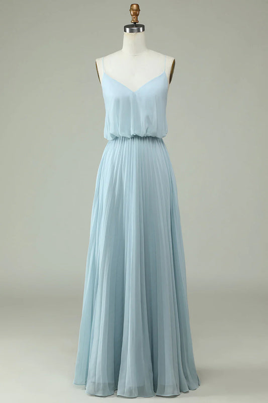 Spaghetti Straps Sky Blue Chiffon Long Bridsmaid Dress