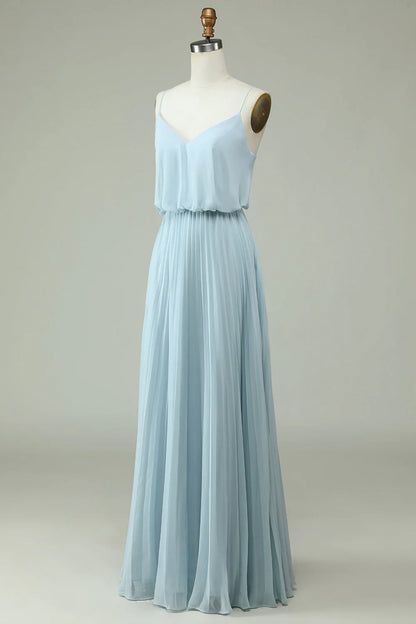 Spaghetti Straps Sky Blue Chiffon Long Bridsmaid Dress