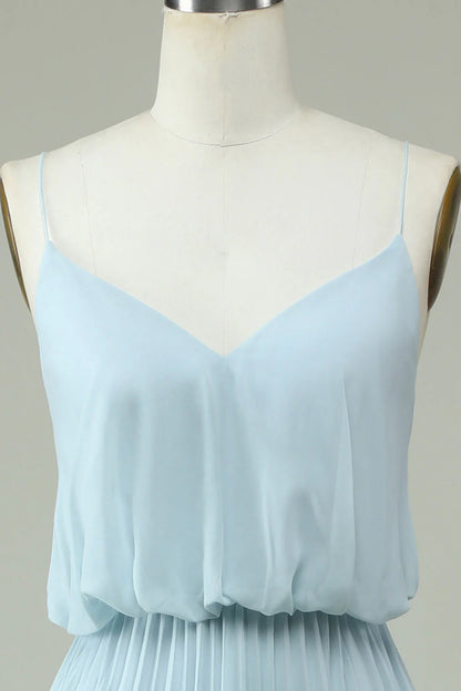 Spaghetti Straps Sky Blue Chiffon Long Bridsmaid Dress