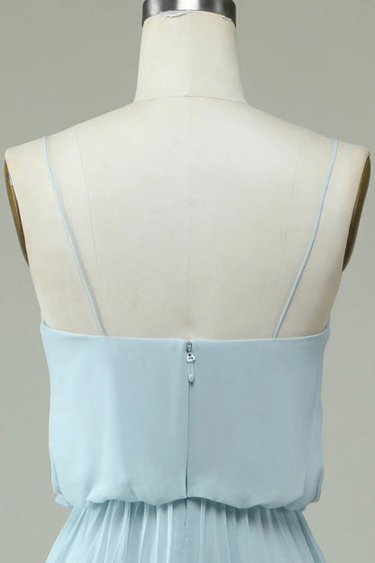 Spaghetti Straps Sky Blue Chiffon Long Bridsmaid Dress