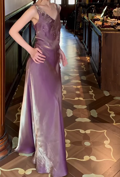 Sleeveless V Neck Floral Beaded Embellished Satin Maxi Evening Dresses