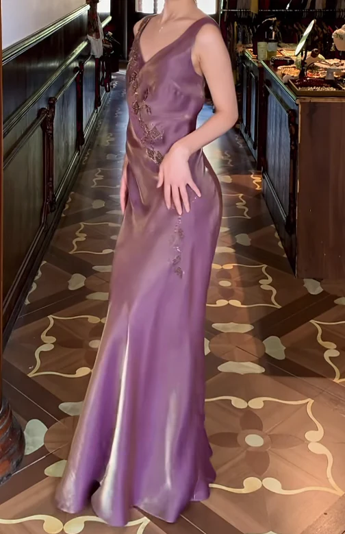 Sleeveless V Neck Floral Beaded Embellished Satin Maxi Evening Dresses