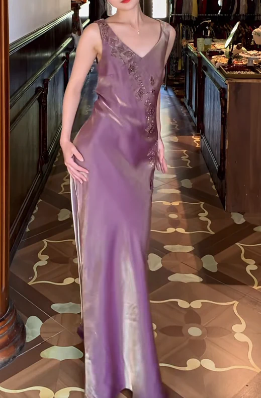 Sleeveless V Neck Floral Beaded Embellished Satin Maxi Evening Dresses