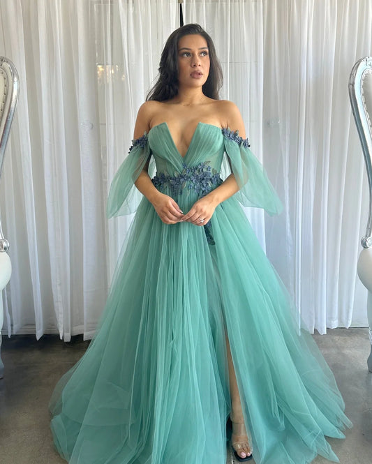 Sexy and elegant off the shoulder dance dress adorned with inlaid thin gauze lines