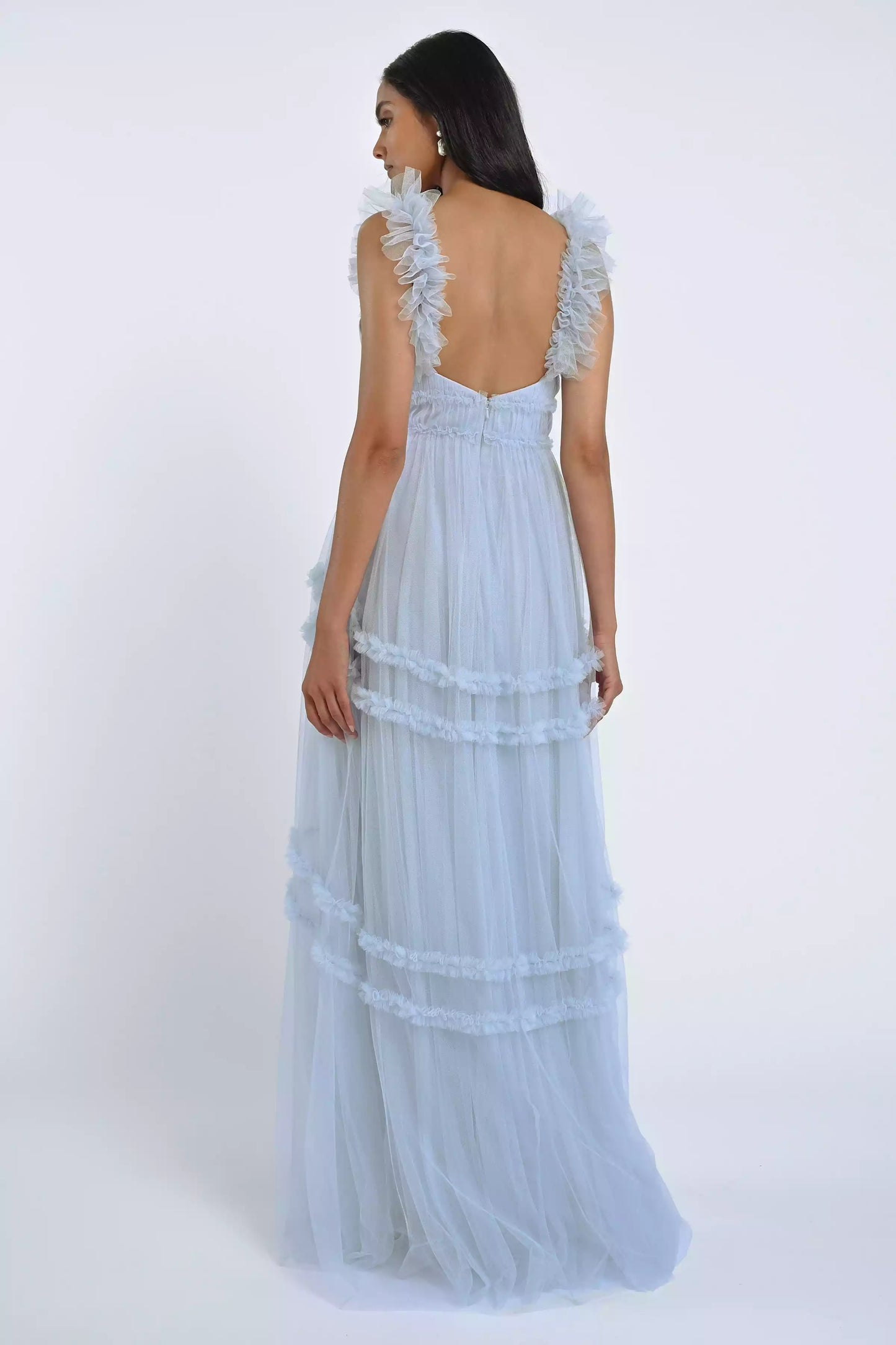 Soft chiffon heart-shaped neckline with ruffled edges, shoulder straps with ruffled details, back middle zipper, Bridesmaid Dresses