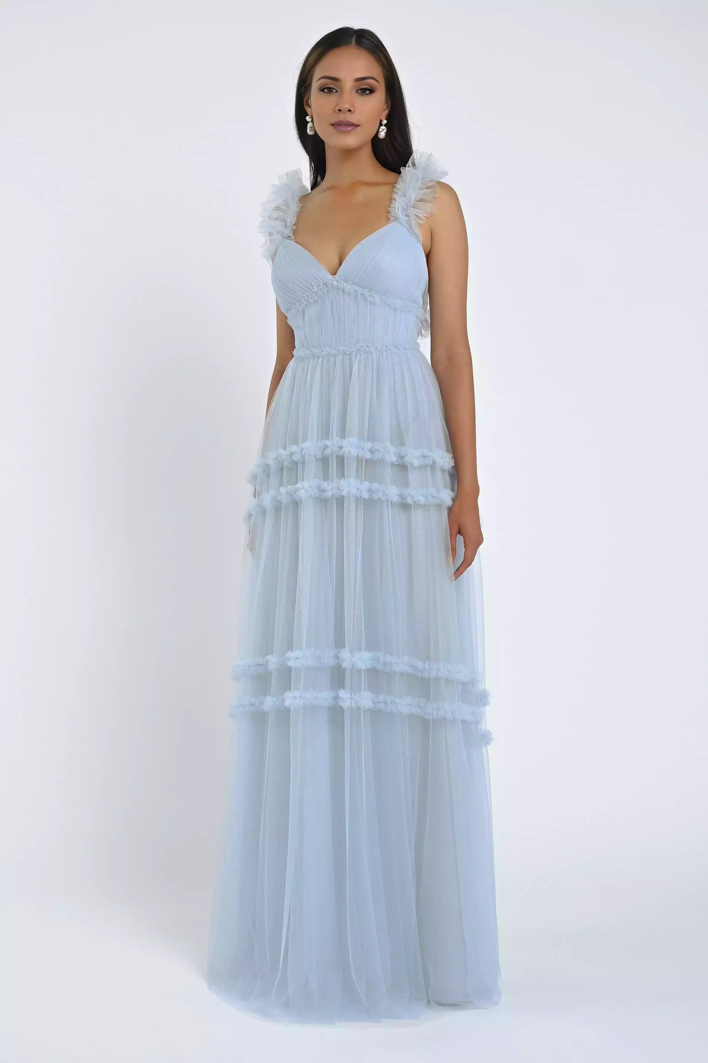 Soft chiffon heart-shaped neckline with ruffled edges, shoulder straps with ruffled details, back middle zipper, Bridesmaid Dresses