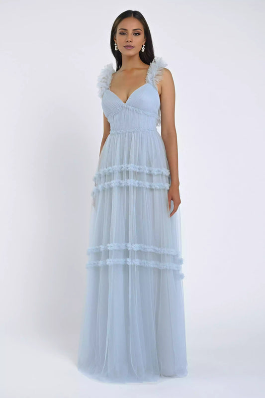 Soft chiffon heart-shaped neckline with ruffled edges, shoulder straps with ruffled details, back middle zipper, Bridesmaid Dresses