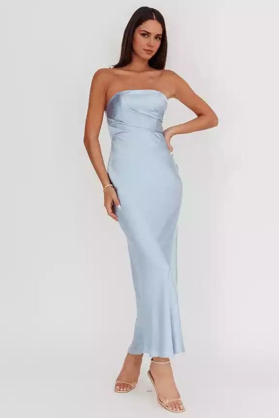 Soft satin strapless, extra long bust without lining, invisible back zipper Prom Dresses