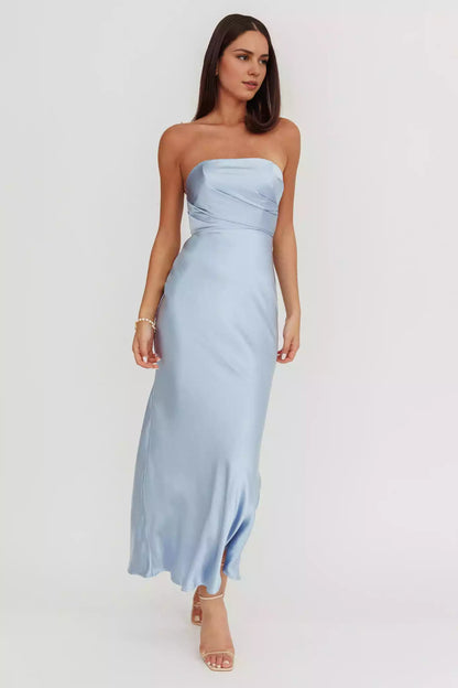 Soft satin strapless, extra long bust without lining, invisible back zipper Prom Dresses