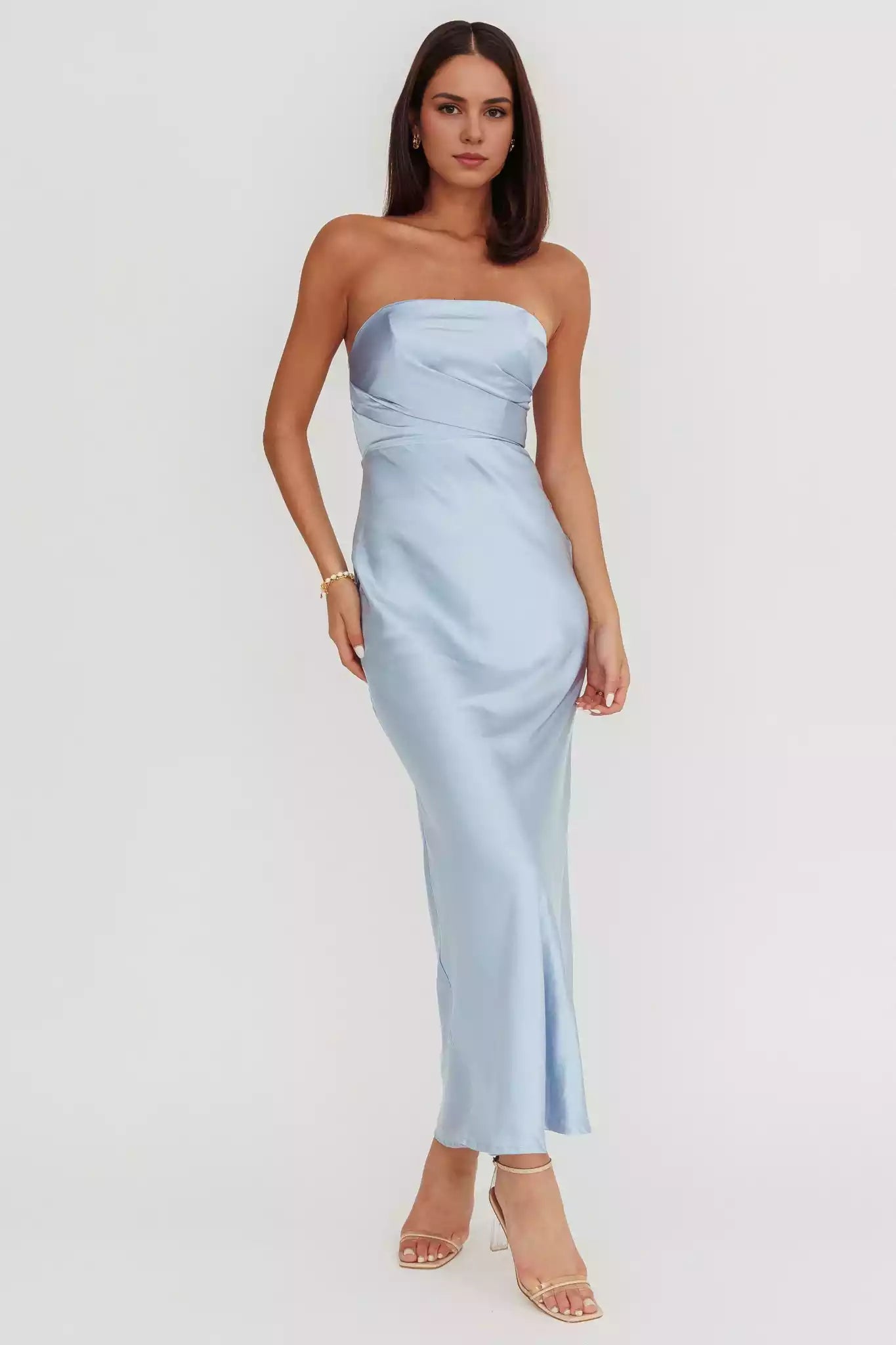 Soft satin strapless, extra long bust without lining, invisible back zipper Prom Dresses