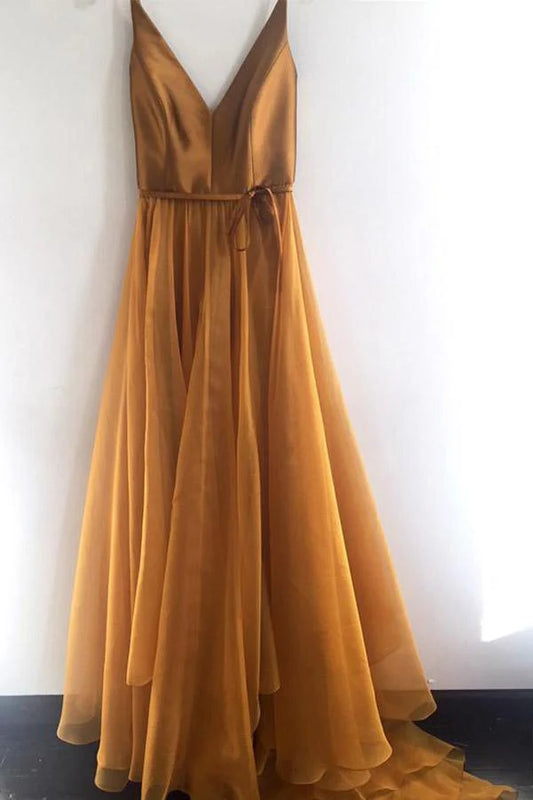 Italian Noodle Strap A-Line V-Neck Formal Long Ball Evening Dress