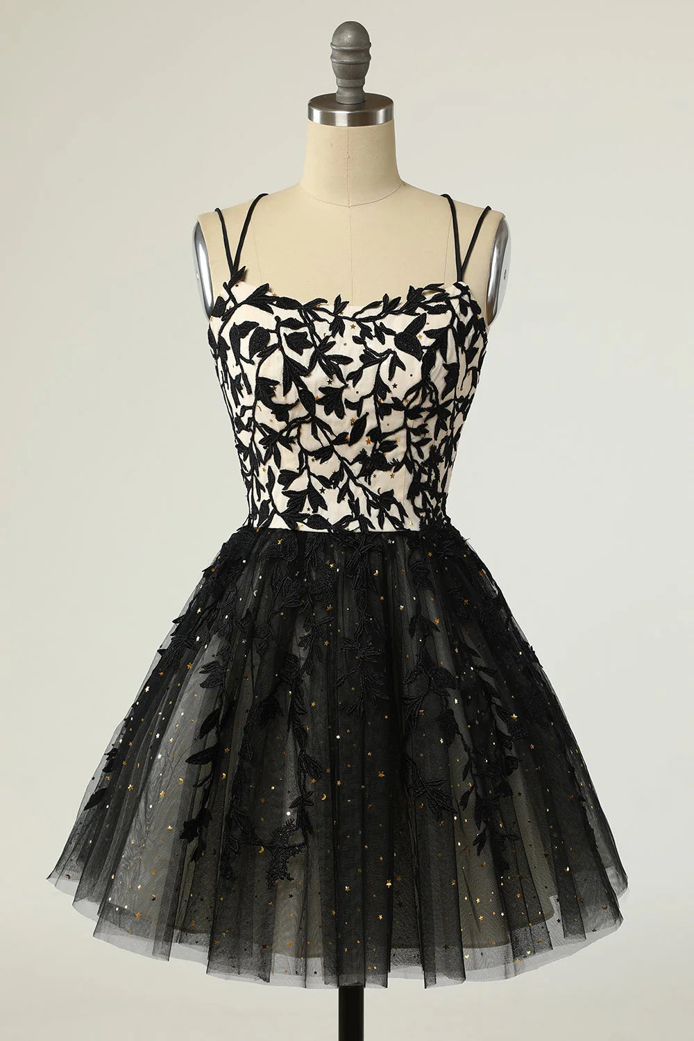 Thin shoulder strap black lace sexy comeback ball dress