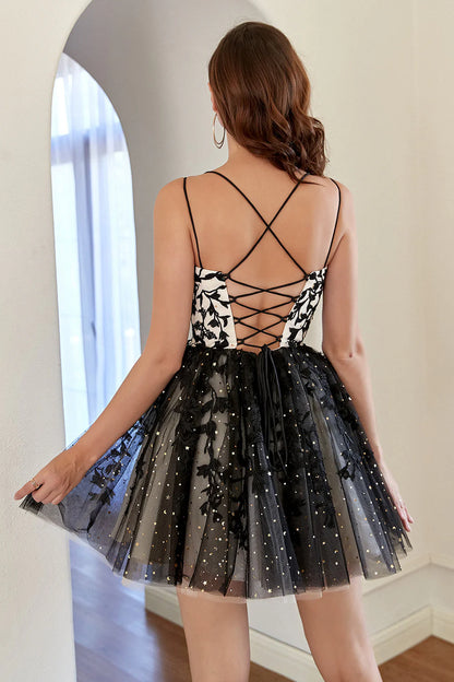 Thin shoulder strap black lace sexy comeback ball dress