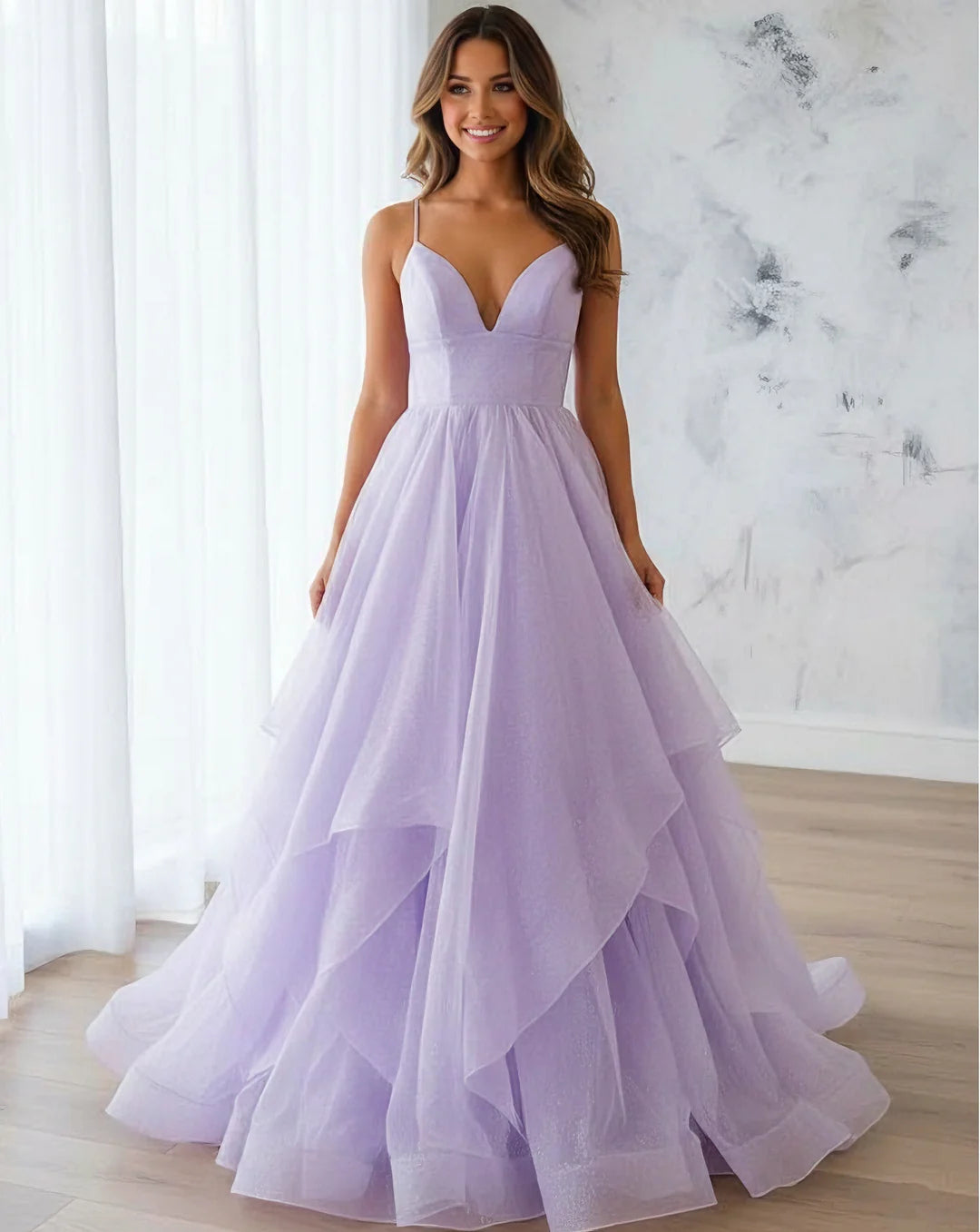 Spaghetti-Strap Glitter Tulle Evening Dress with Plunge V-Neck, Lace-Up Back & Tiered Ball Gown Train