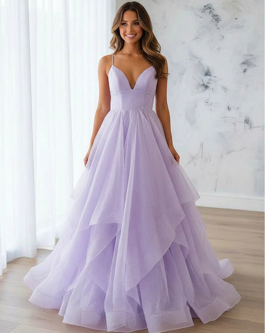 Spaghetti-Strap Glitter Tulle Evening Dress with Plunge V-Neck, Lace-Up Back & Tiered Ball Gown Train